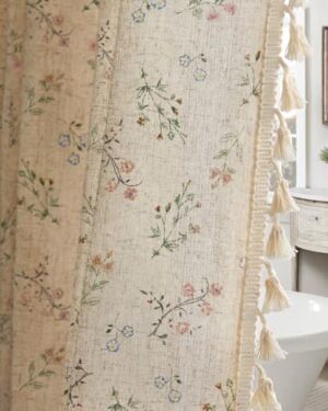 XOGUIBO Floral Farmhouse Vintage Linen Shower Curtain with Tassel 72Wx72H