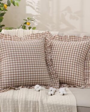 YHJWW Cotton Tan Gingham Throw Ruffle Pillow Covers Linen Like, 20x20