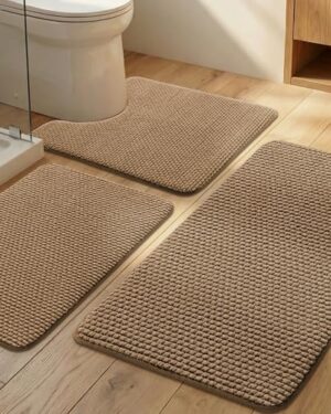YIHOUSE Bathroom Rugs Set 3 Piece, Extra Soft Absorbent Chenille Bath Mats & U-Shaped Contour Toilet Rug, Non Slip Machine Washable Bath Mat for Shower Tub Sink, Brown