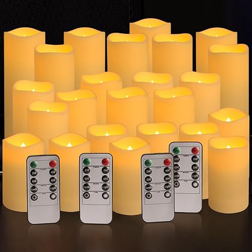 YOROXRG Set of 24 Waterproof Outdoor Flameless Candles, LED Candles with 4 Remote and Timer,(H 4" 5" 6" x D 2.2"),for Christmas,Halloween,Wedding,Festival