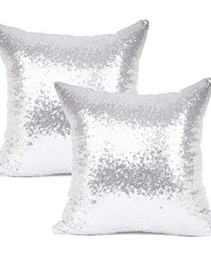 YOUR SMILE Pack of 2, New Luxury Series Silver Decorative Glitzy Sequin & Comfy Satin Solid Throw Pillow Cover Cushion Case for Wedding/Christmas,18" x 18"
