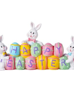 yumhum 3 Bunny Holding Eggs and Happy Easter Decorations, Resin Easter Bunny Rabbits Figurine Tabletop Centerpiece for Spring Decor Easter Home Office Party Decor