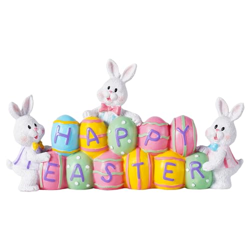 yumhum 3 Bunny Holding Eggs and Happy Easter Decorations, Resin Easter Bunny Rabbits Figurine Tabletop Centerpiece for Spring Decor Easter Home Office Party Decor