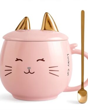 Yuwu Cat Ceramic Coffee Mug with Spoon & Lid, 13.5 oz Novelty Mug with Phone Stand Lid, Kawaii Tea Cup for Women & Cat Enthusiasts