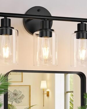 Zarbitta 3-Light Bathroom Light Fixtures, 17.23" Black Modern Vanity Lights with Clear Glass Shade, Bathroom Wall Lamp for Mirror Kitchen Living Room Hallway Cabinet Porch