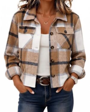 Zeagoo Jackets for Women Cropped Flannel Wool Blend Plaid Shacket Tops