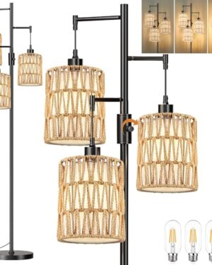 ZECOXOL Boho Floor Lamp for Living Room Bedroom-3 Light Dimmable Floor Lamp with Three Led Bulb, Rustic Tall Lamp Black Standing Lamp Tree Floor Lamps for Living Room Bedroom,Office,Corner