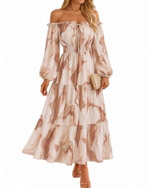 ZESICA Womens 2026 Fall Long Sleeve Floral Maxi Dress Brown S