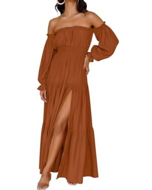 ZESICA Women's Boho Off Shoulder Spring Long Sleeve Dress 2026 High Waist Side Split Sexy Flowy A Line Long Maxi Dresses Medium Caramel