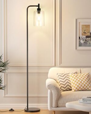 Ziisee Industrial Floor Lamp with Glass Shade - Black, LED Bulbs, Foot Pedal Switch, Easy Assembly