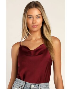 Lulus | Emmerson Burgundy Satin Sleeveless Cowl Neck Bodysuit