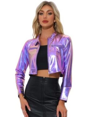Target | Women's Stand Collar Metallic Zipper Cropped Party Club Long Sleeve Jackets