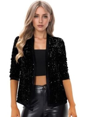 Target | Allegra K Women's Open Front Collarless 3/4 Sleeve Sequin Velvet Jacket Black