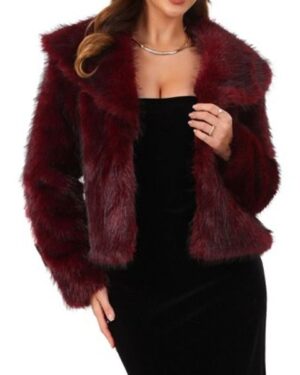 Target | Long Sleeve Lapel Collar Evening Cocktail Fluffy Shaggy Faux Fur Jacket Burgundy