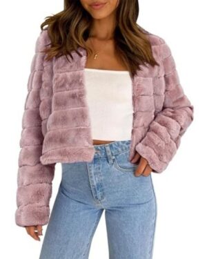 Target | Women's Winter Cropped Fluffy Long Sleeve Collarless Faux Fur Coat Dusty Pink