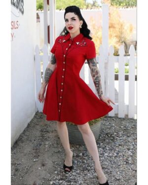 Unique Vintage | Elle Rebel Red Embroidered Western Shirt Dress