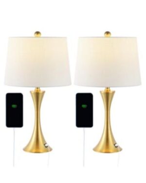 Macys | Bennett 22.75" Modern Glam Iron Hourglass LED Table Lamp with USB Charging Port, Nickel (Set of 2)