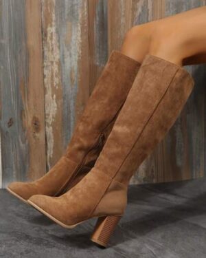 SHEIN | Apricot Suede Pointed Toe Over-The-Knee Thick Heel Elastic Tall Boots