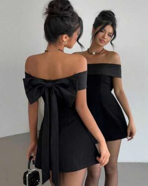 Aloruh Off-Shoulder Black & White Bow Tie Dress, Valentine's Day,Summer Dresses For Women
