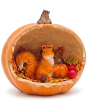 DouShiAi Fall Decor Squirrel Figurine in Pumpkin, Autumn Harvest Resin