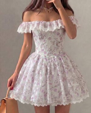 Glamine Charm Romantic Vacation Style Women's Dress, Chiffon Cutout Floral Print Peplum Hem Short Dress, Off Shoulder Ruffle Trim Dress Coquette Aesthetic Dress
