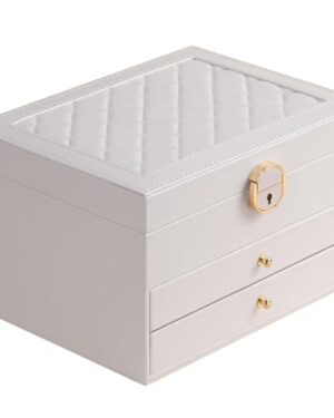 GUOER Jewelry Box for Women Girls, 3 Layers Large Jewelry Organizer (White)