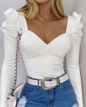 INAWLY Slim Fit Casual Sexy V-Neck Gigot Sleeve Long Sleeve T-Shirt