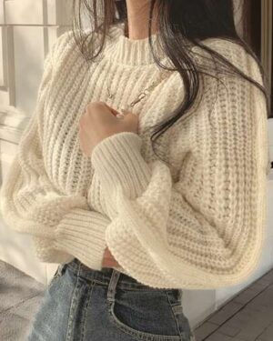 SHEIN | Casual Solid Color Lantern Sleeve Cropped Sweater, Autumn/Winter, Long Sleeve Tops, Knit Pullover