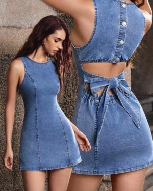 Selenza Stylish Sleeveless Plain Denim Mini Dress With Round Neck And Pockets For Everyday Wear