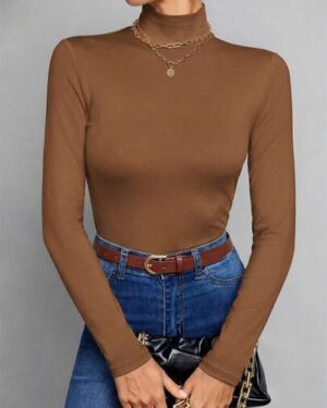 SHEIN | Simple Solid Color Slim High Collar Shades Of Brown Top Suitable For Autumn And Winter