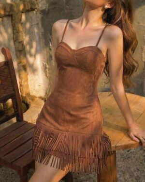 Skyraze All Shades Of Brown Double-Layer Fringe Hem Camisole Mini Dress Night Out Party Autumn 70s Retro
