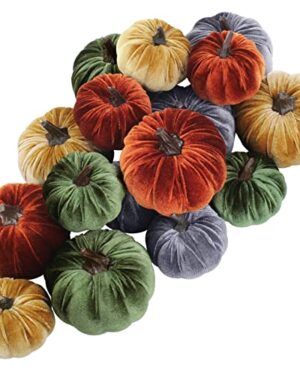 Winlyn 16 Pcs Assorted Small Faux Rustic Harvest Velvet Pumpkins Decorative Rust Orange Gold Olive Gray Fabric Pumpkins Foam Pumpkins Farmhouse Fall Thanksgiving Halloween Table Centerpiece Decor